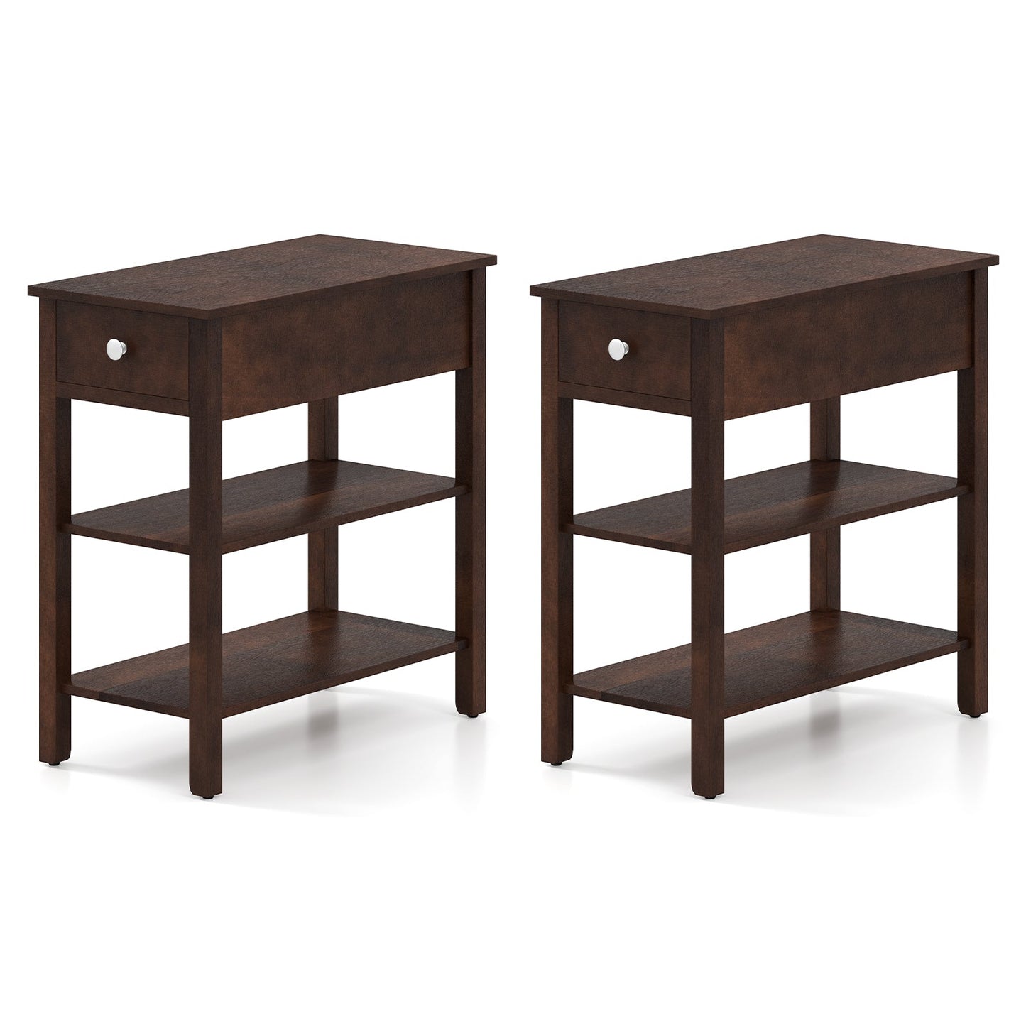 3-Tier Narrow End Table with Drawer and Storage Shelves Set of 2