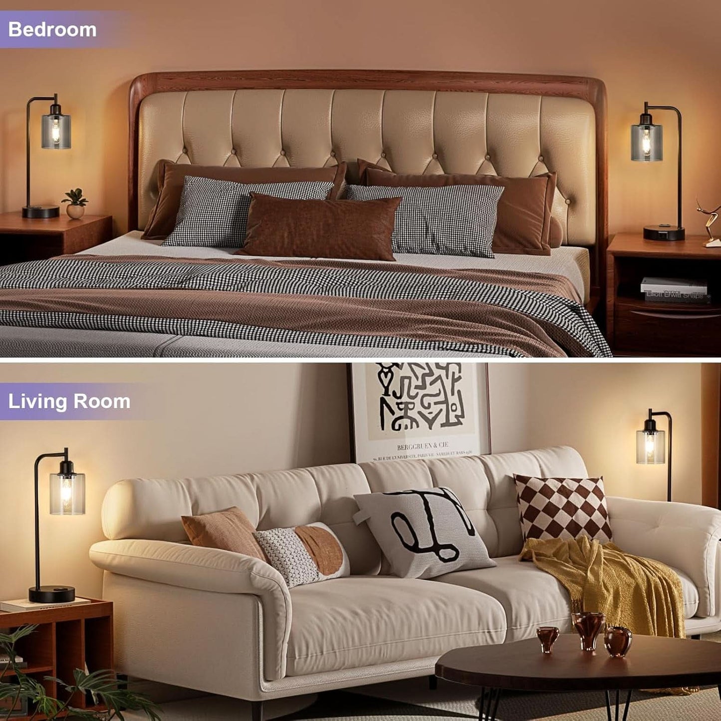 3-Way Dimmable USB Table Lamps With Gray Glass Shade Pair