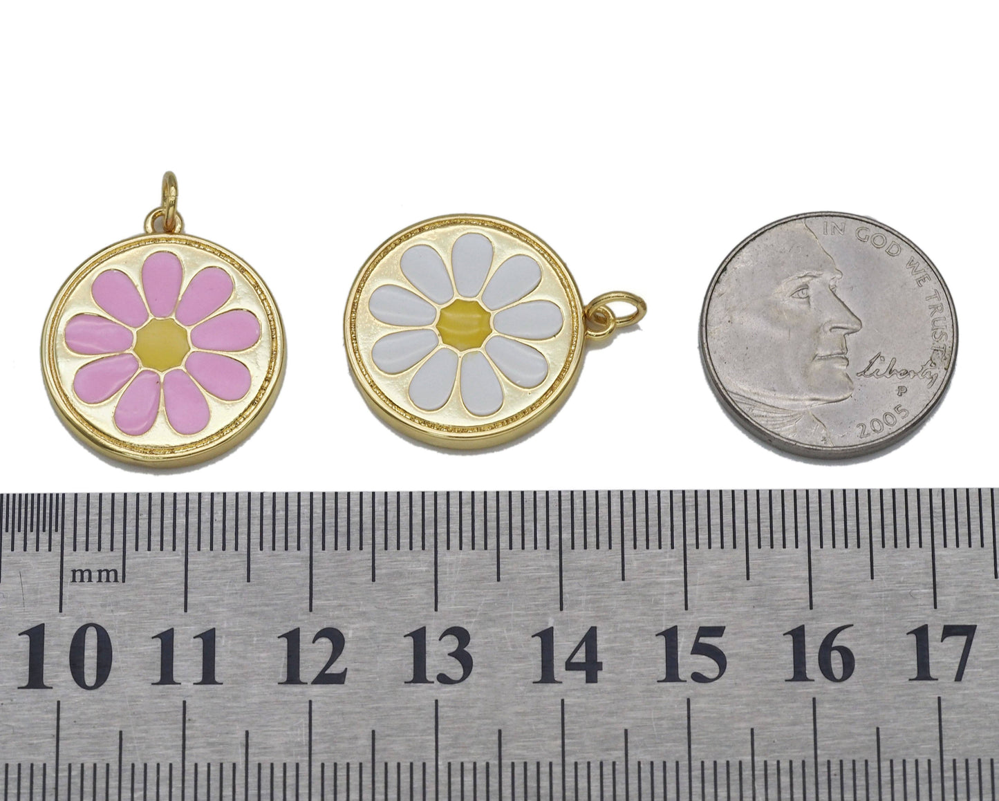 White Pink Enamel Daisy Flower Charm, Sku#L707