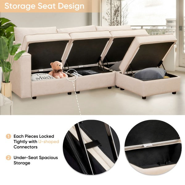 Ainfox L Shaped Storage Module Sofa Four Seats Adjust Armrest Beige
