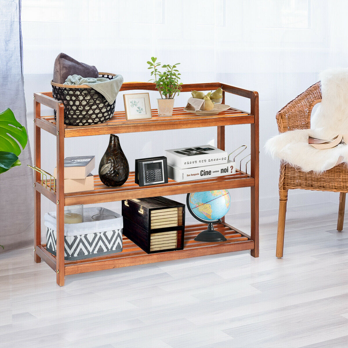2-Tier Acacia Wood Shoe Rack with 4 Side Metal Hooks