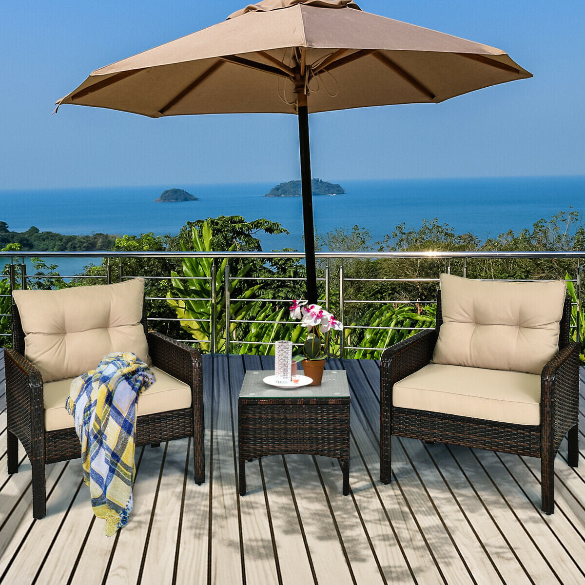 3 Pcs Outdoor Patio Rattan Conversation Set with Seat Cushions-Black