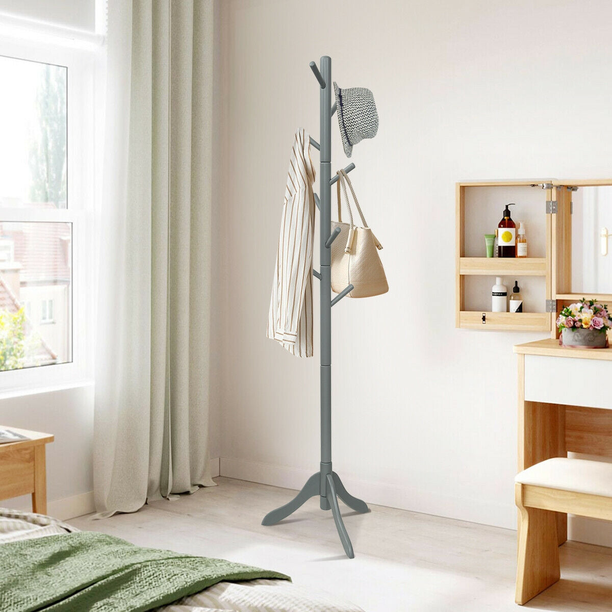 Adjustable Wooden Tree Coat Rack with 8 Hooks