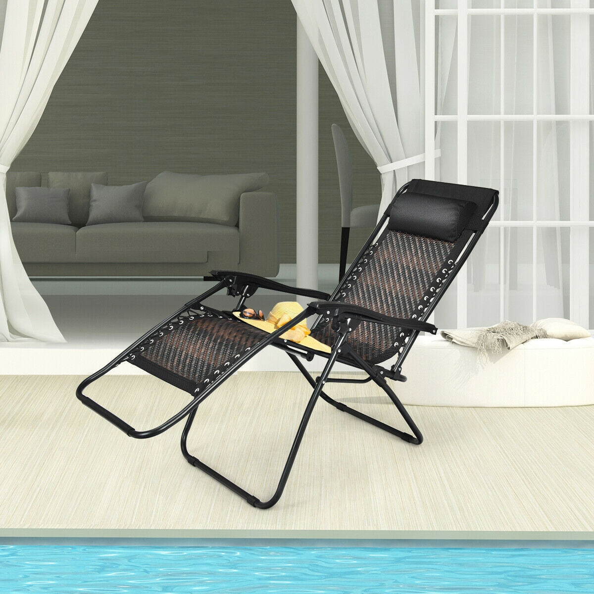 Folding Rattan Zero Gravity Lounge Chair with Removable Head Pillow