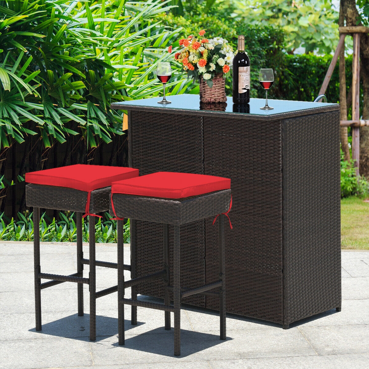 3PCS Patio Rattan Wicker Bar Table Stools Dining Set-Turquoise