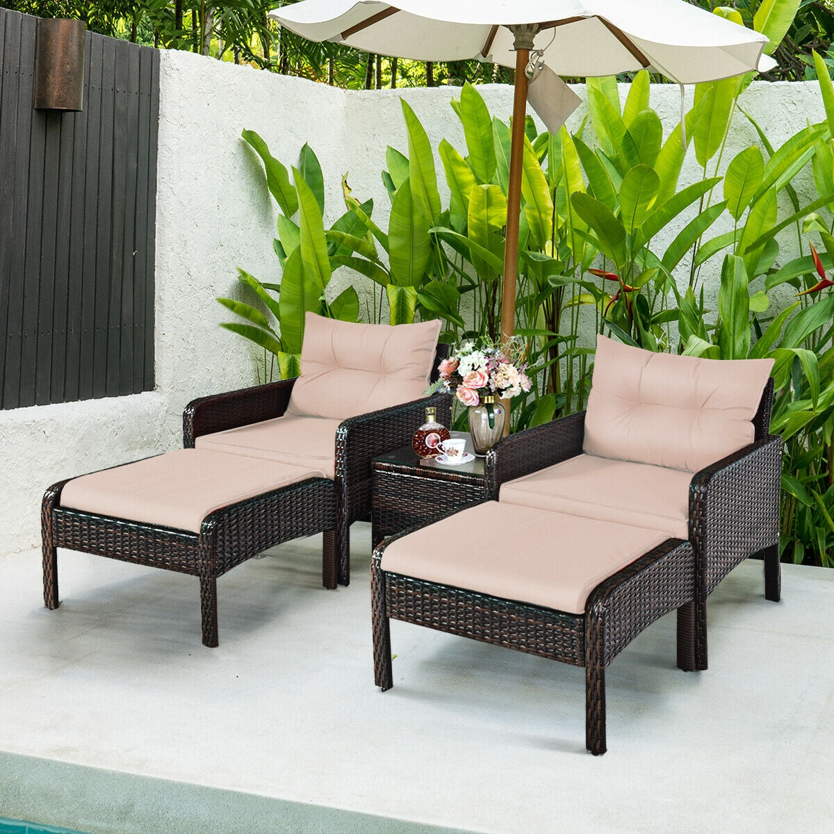 5 Pieces Patio Rattan Sofa Ottoman Furniture Set with Cushions-Black