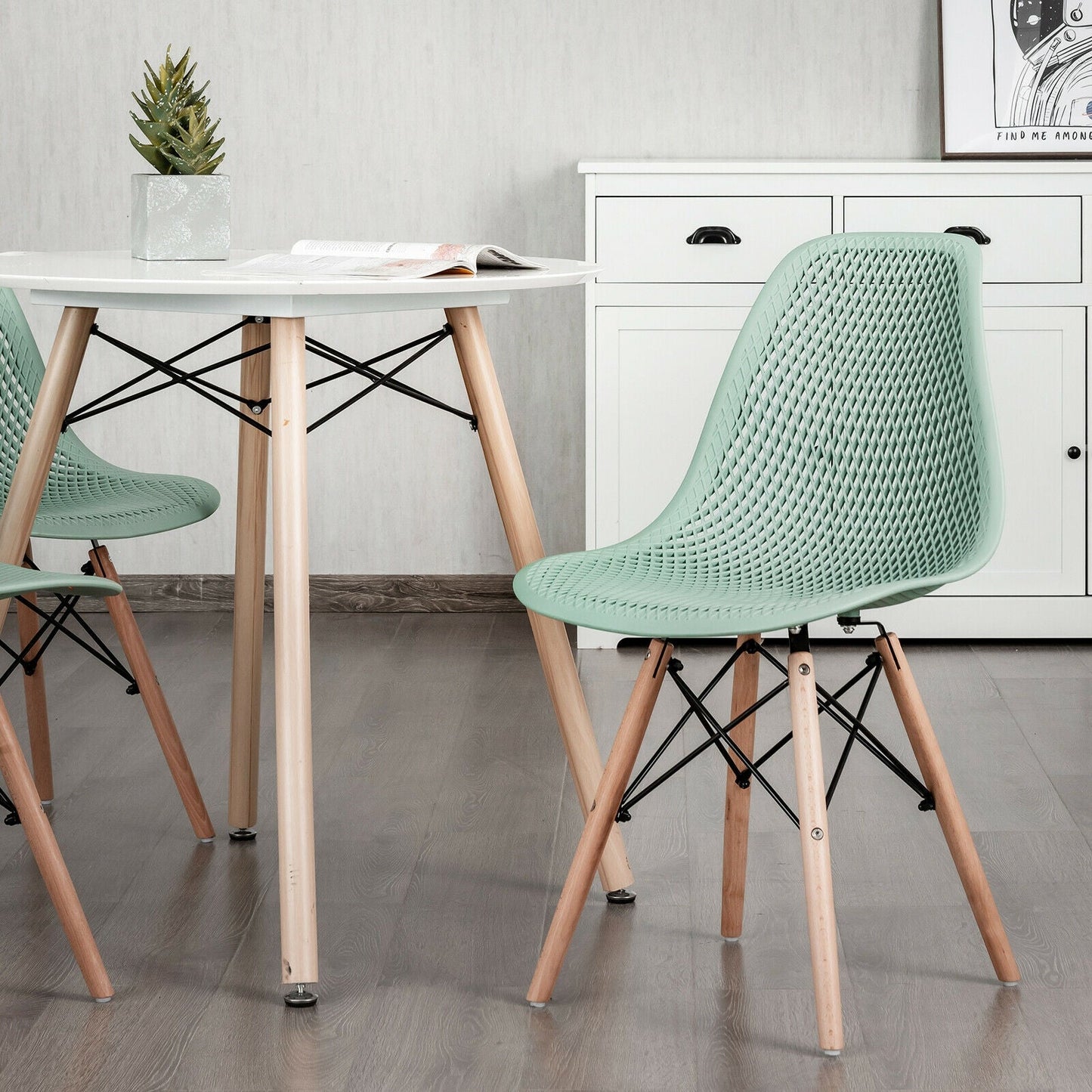 2 Pcs Modern Plastic Hollow Chair Set with Wood Leg