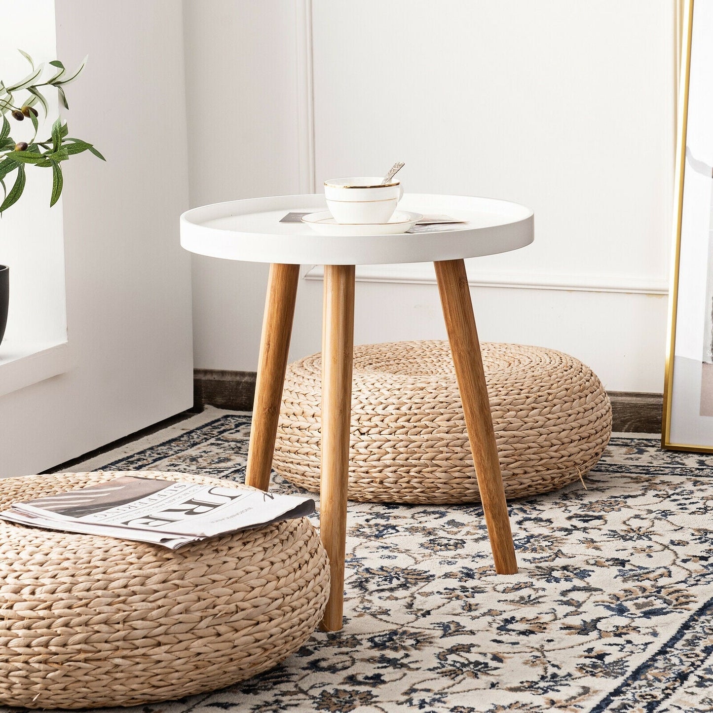 Mid Century Modern Round Side Sofa Coffee Table with Wooden Tray