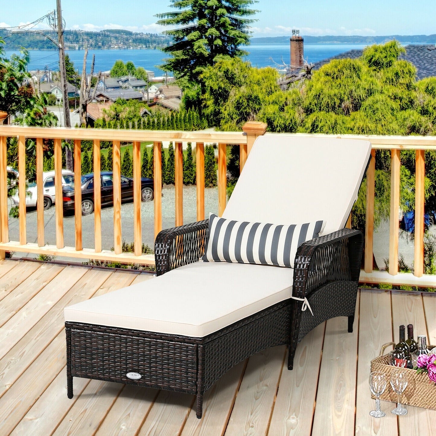 Outdoor Patio Wicker Chaise Lounge Chair with Adjustable Backrest and Pillow