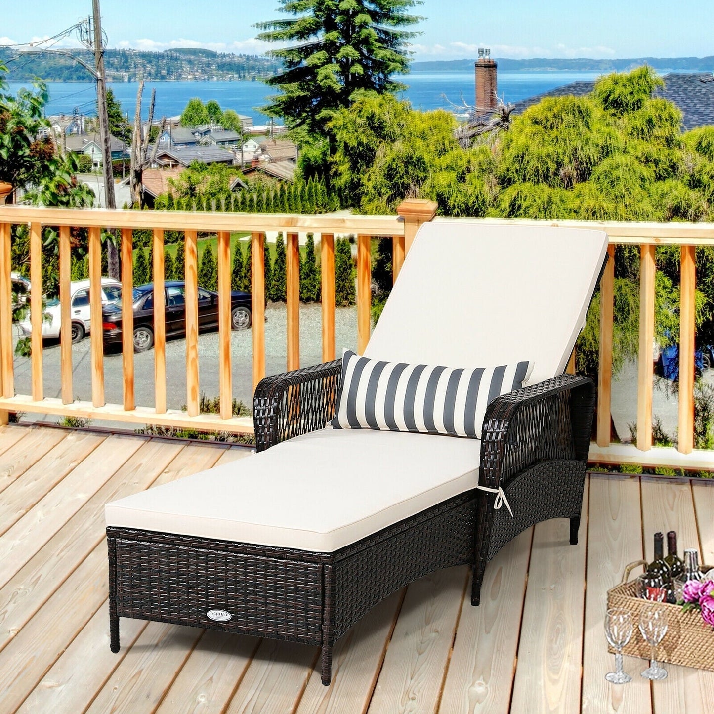 Outdoor Patio Wicker Chaise Lounge Chair with Adjustable Backrest and Pillow