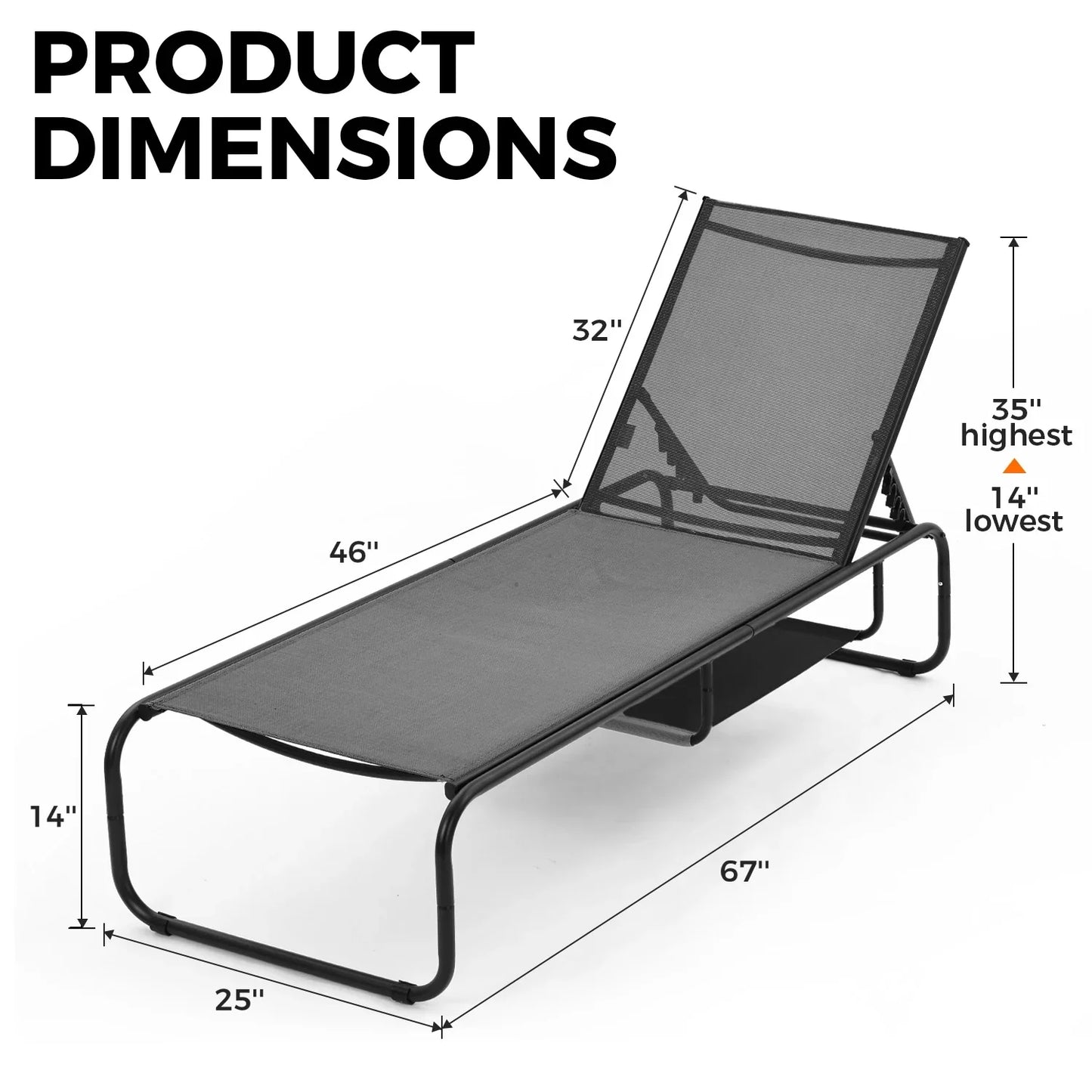 Ainfox Patio Chaise Lounge Chair, 5 Adjustable Positions Outdoor Recliner with Hidden Storage, Breathable Textilene Fabric Steel Frame
