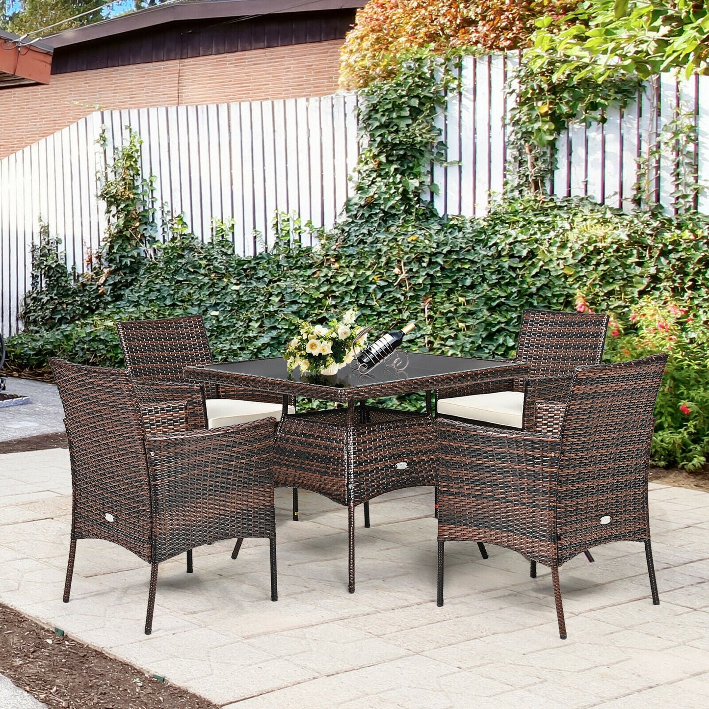 5 Pieces Patio Rattan Dining Furniture Set with Arm Chair and Wooden Table Top