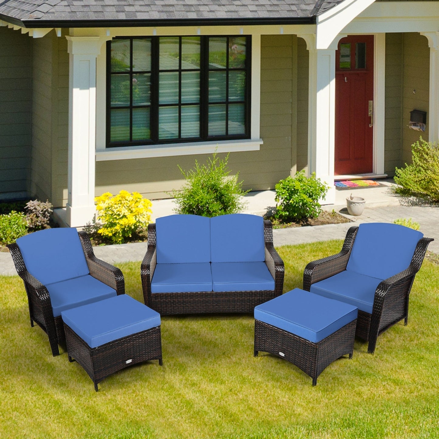 5 Pieces Patio Rattan Sofa Set with Cushion and Ottoman