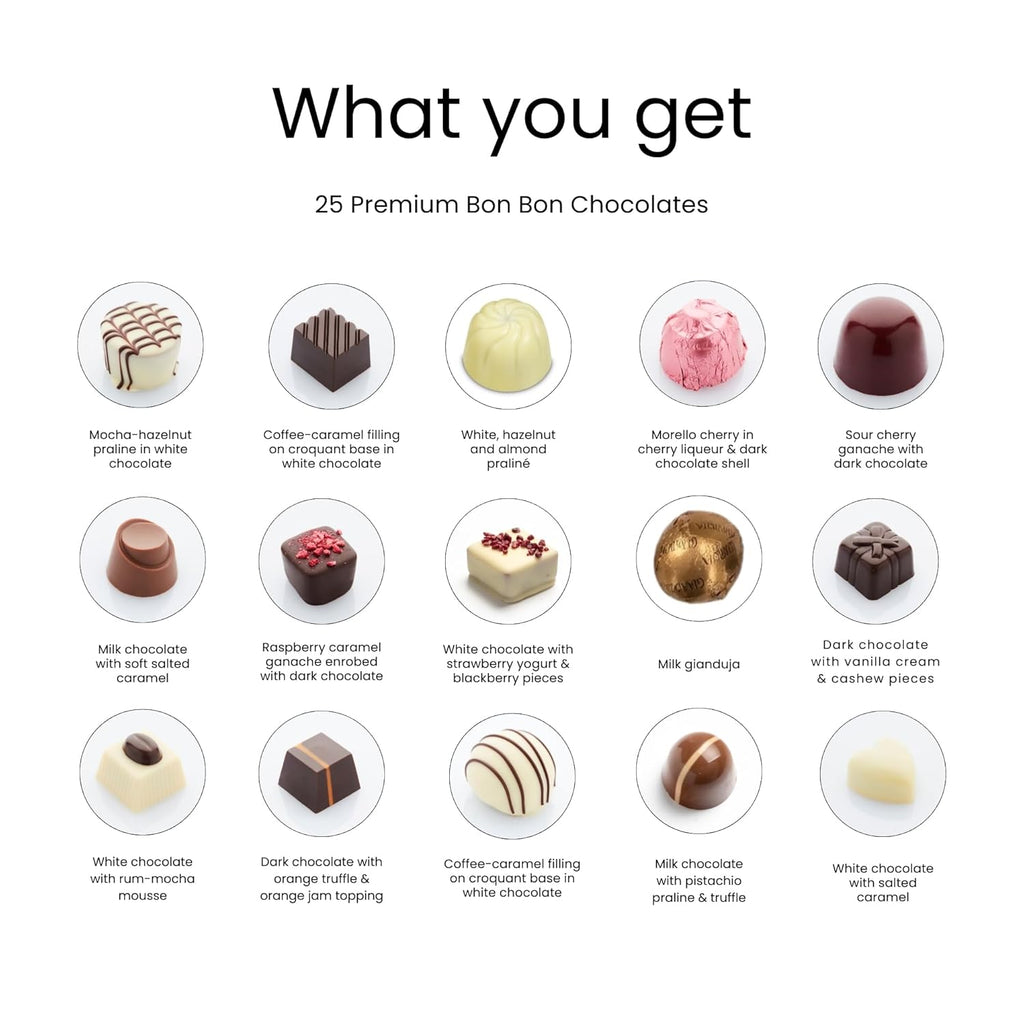 Andy Anand Premium Bon Bon Chocolate Collection, 25 pc – Truffles, Pralines, Pistachio Cream, Mint & Tiramisu, Birthday & Holiday Gift Box