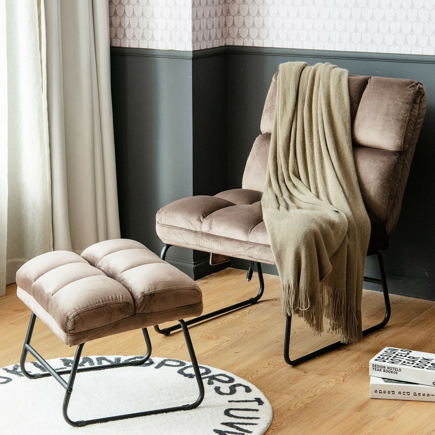 Velvet Massage Recliners with Ottoman Remote Control and Side Pocket
