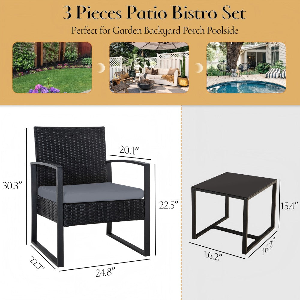 Ainfox  3 Pieces Outdoor Patio Sofa Set, Patio Bistro Set, All-Weather Wicker Conversation Set