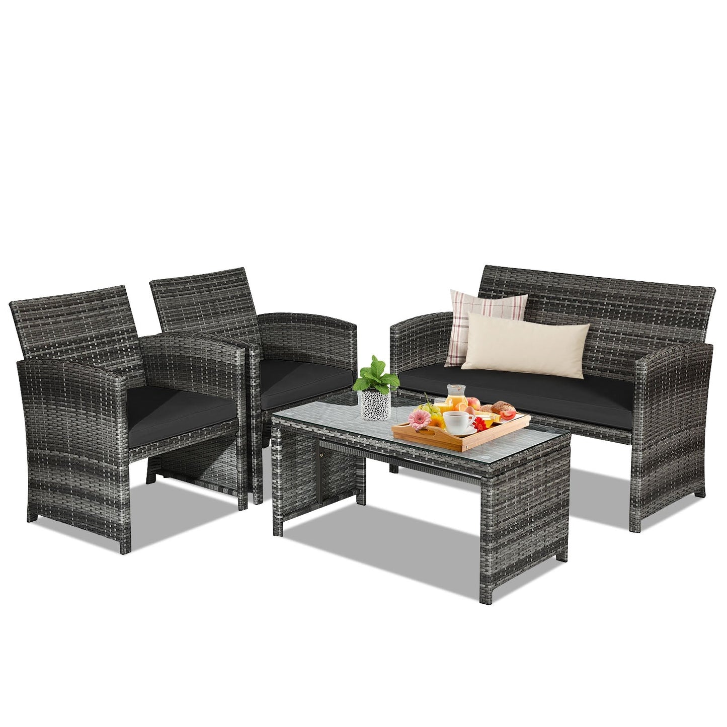 4 Pieces Patio Rattan Furniture Set with Glass Table and Loveseat-Gray