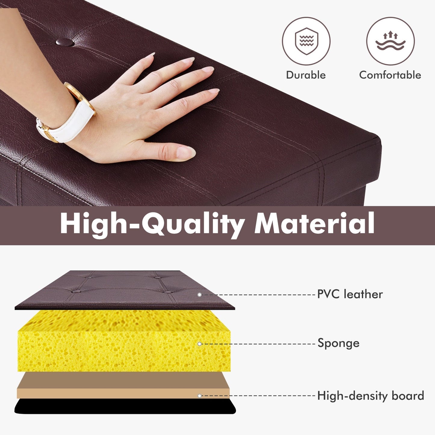 45 Inches Large Folding Ottoman Storage Seat - Brown