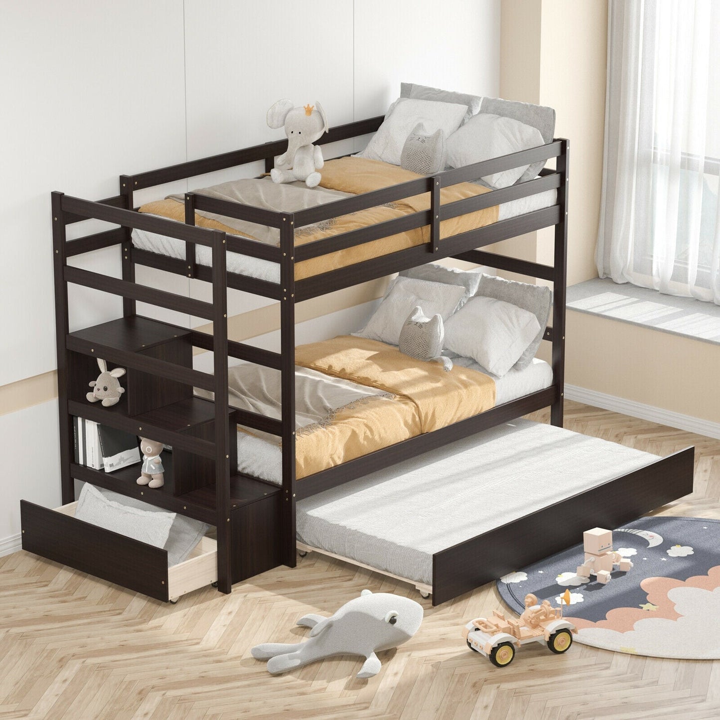 Twin Over Twin Bunk Bed with Storage Shelf and Drawer