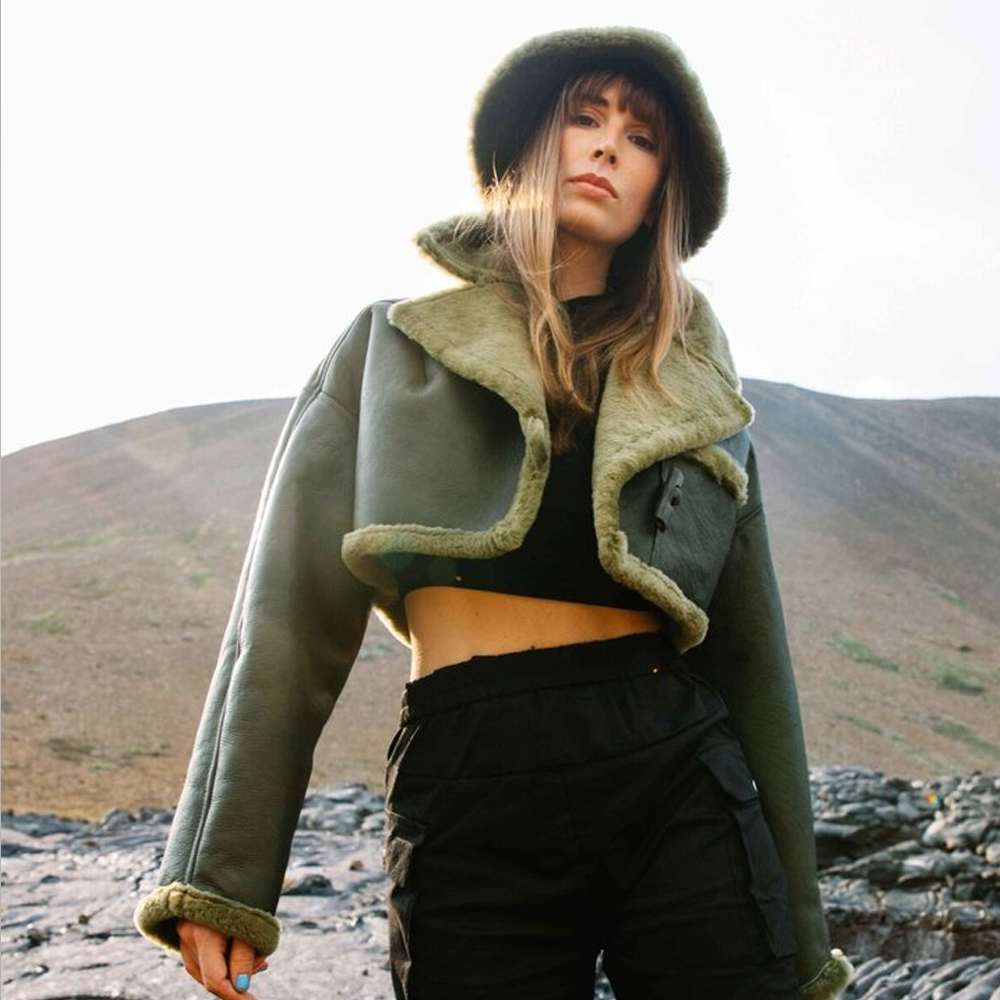 Green Women Aviator Flight Bomber Faux Fur Shearling Sheepskin Leather Jacket
