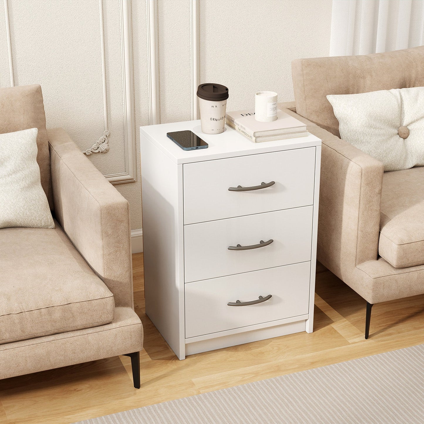 3 Drawer Nightstand with Storage for Living Room-White