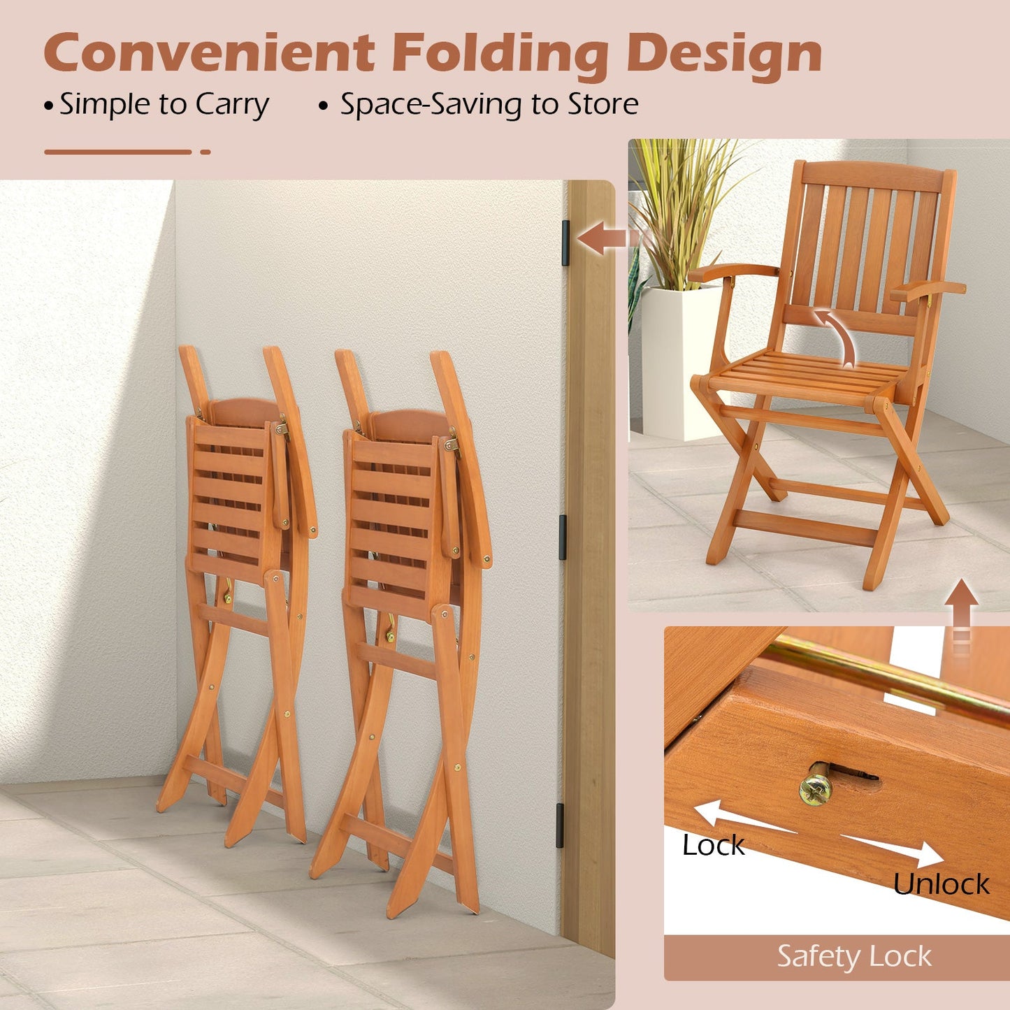 3 PCS Eucalyptus Wood Patio Bistro Set with 2 Folding Arm Chairs