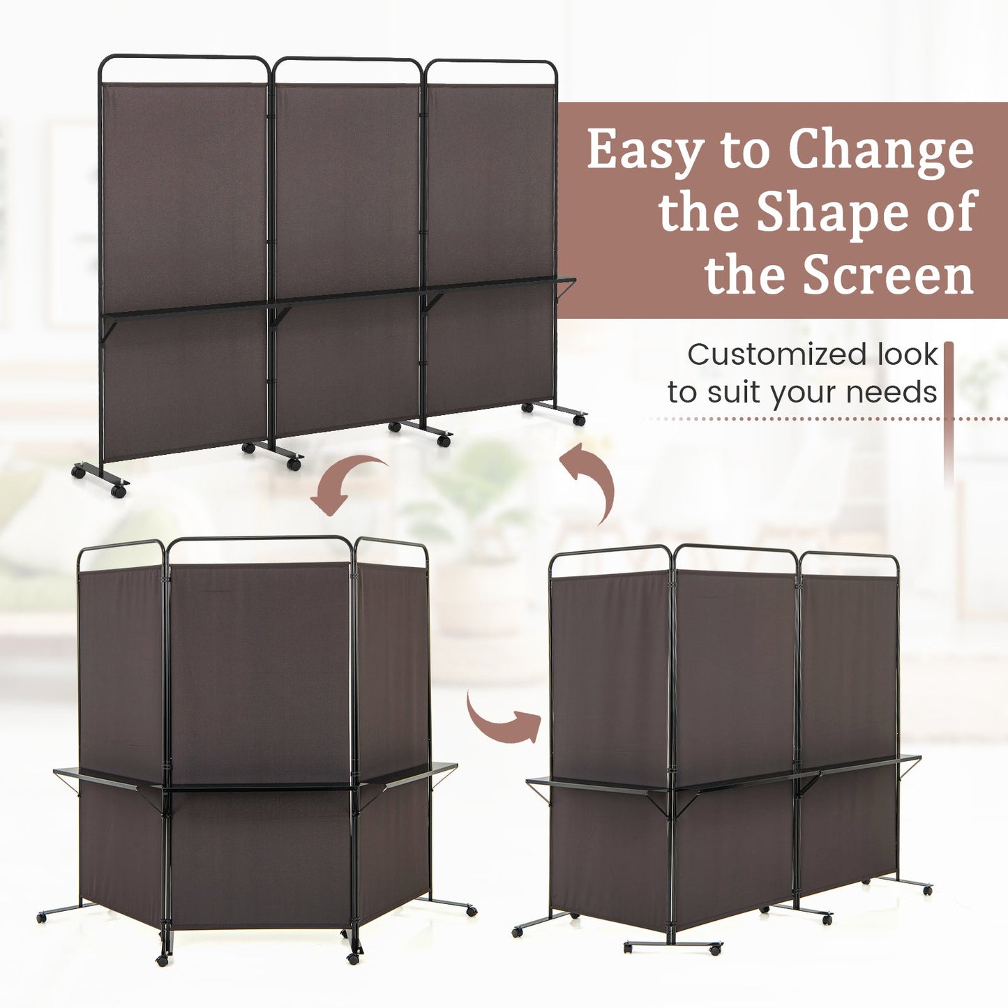 3-Panel Folding Room Divider with 3 Metal Shelves and Lockable Wheels
