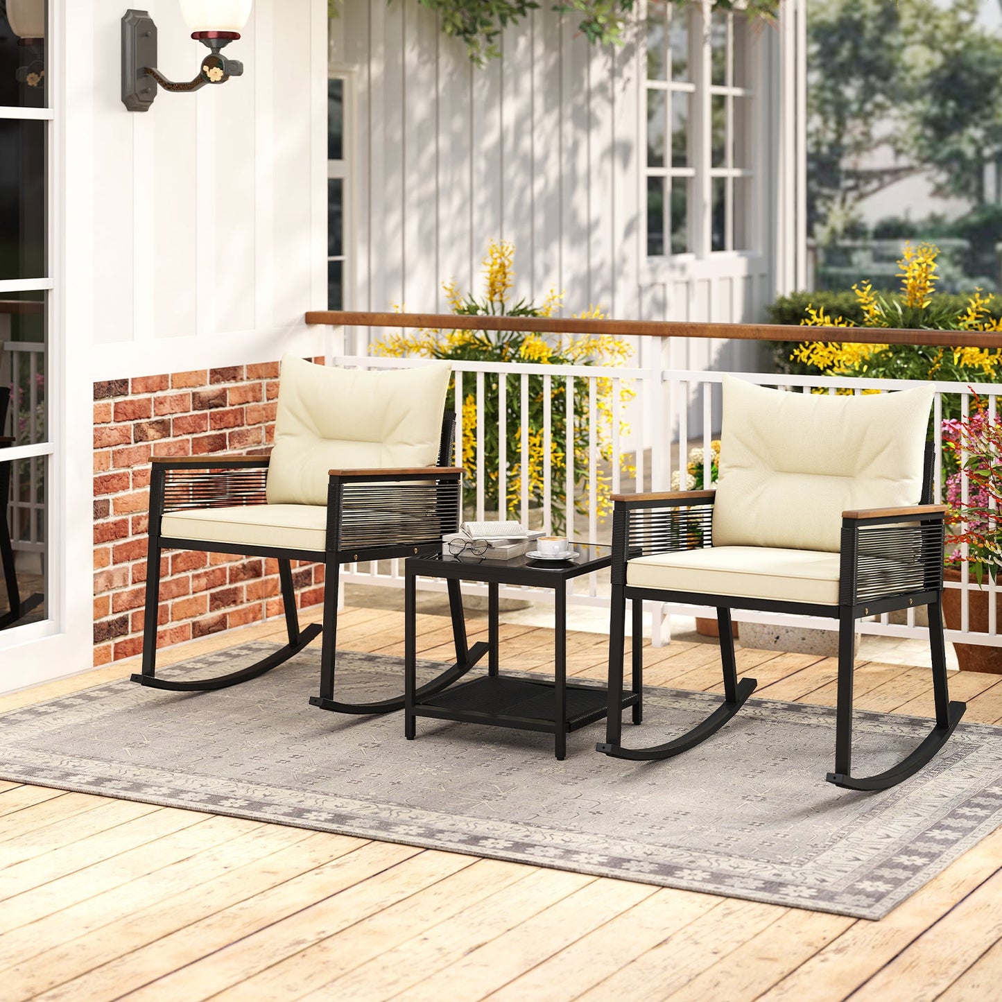 3 Piece Outdoor PE Rattan Rocking Bistro Set with 2-Tier Coffee Table-Black