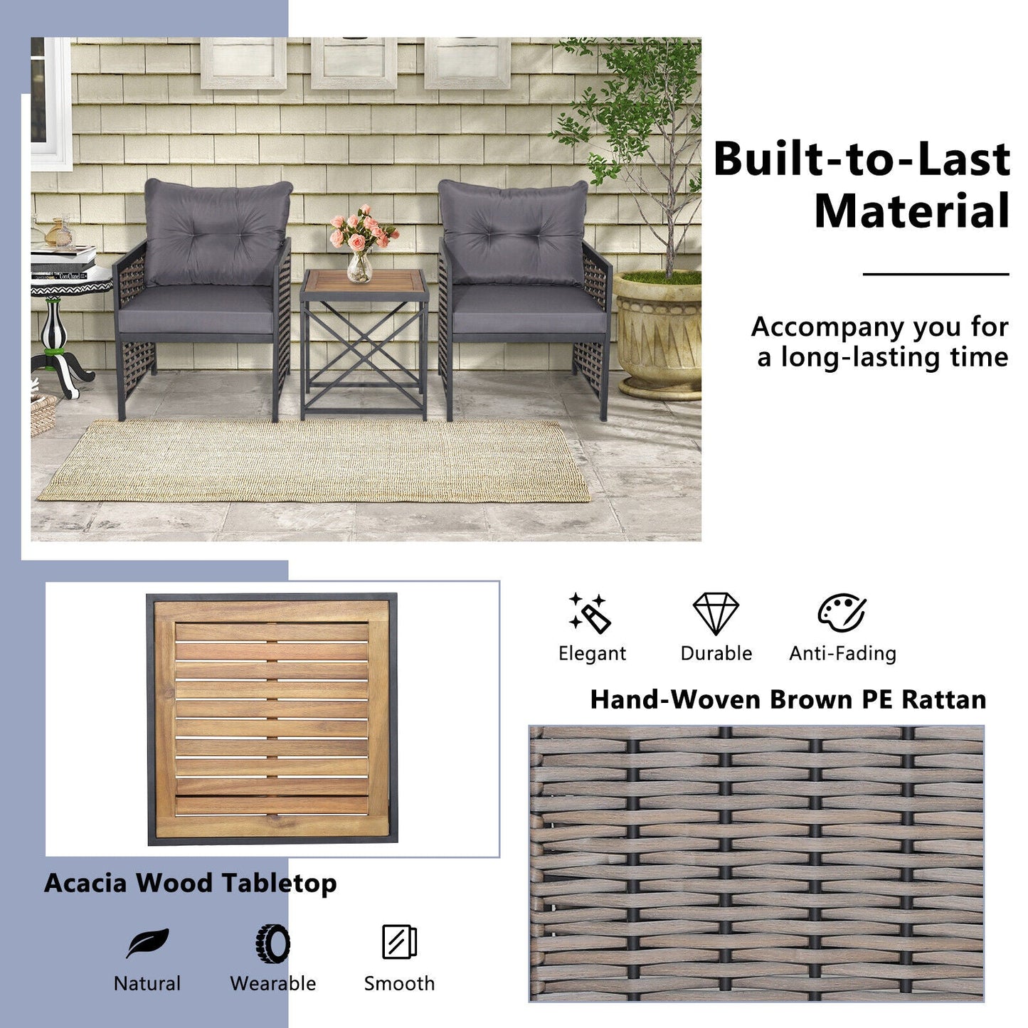 3 Piece Patio Rattan Furniture Set with Acacia Wood Tabletop