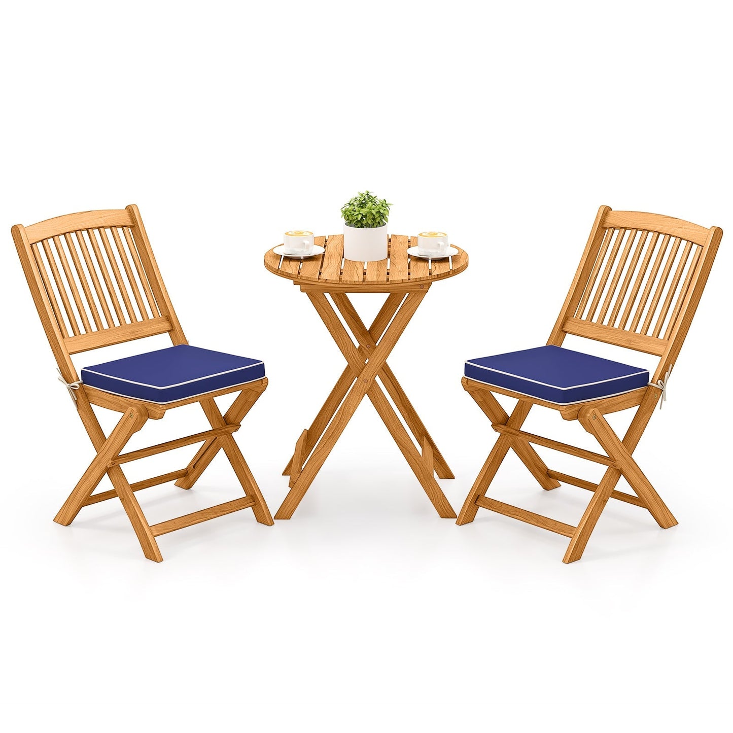 3 Pieces Acacia Wood Patio Folding Bistro Set with Soft Cushions