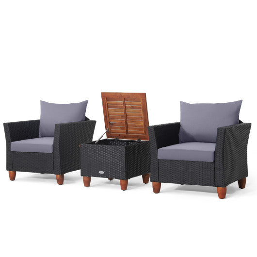 3 Pieces Outdoor Patio Wicker Furniture Set with Cushions and Acacia Wood Coffee Table-Gray