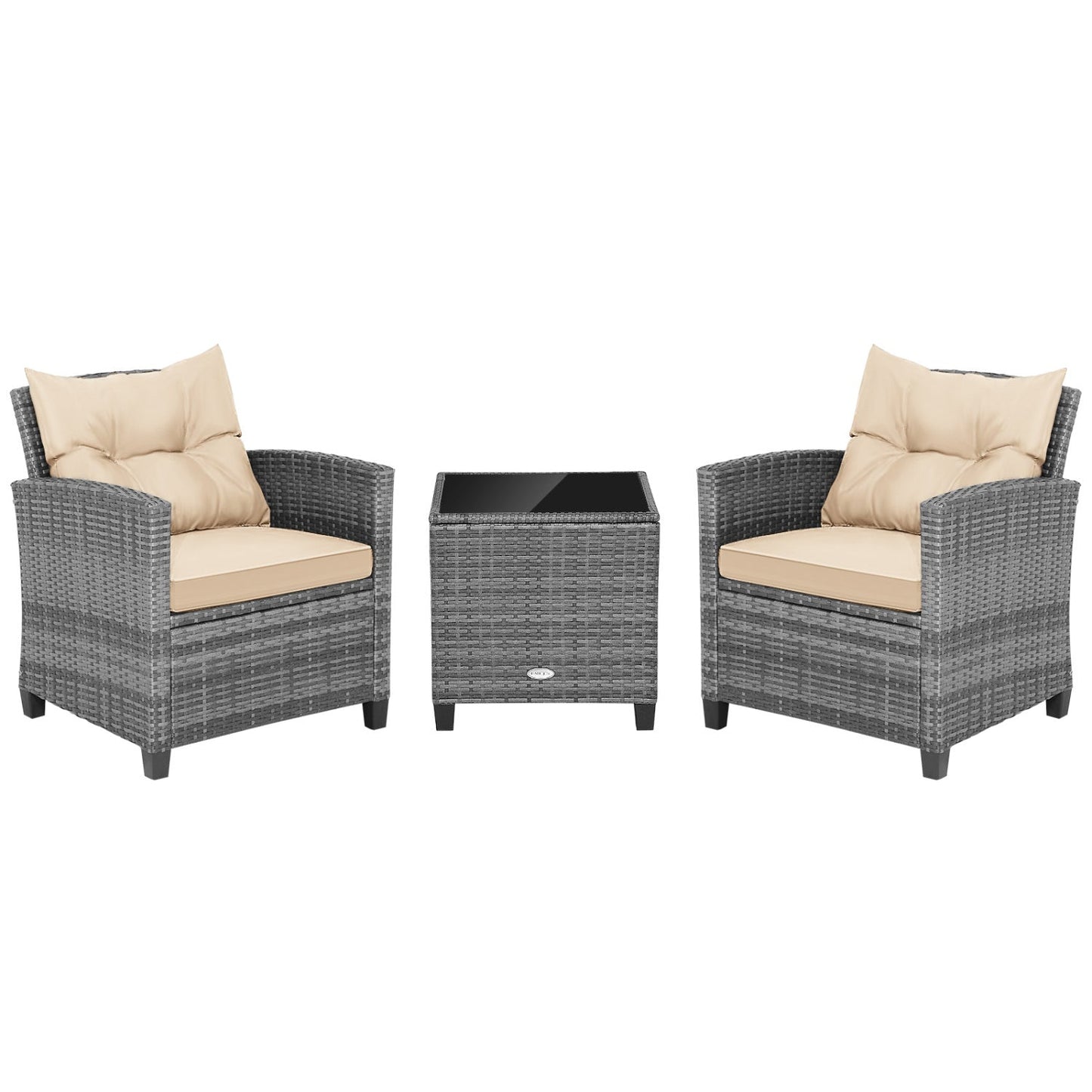 3 Pieces Outdoor Wicker Conversation Set with Tempered Glass Tabletop