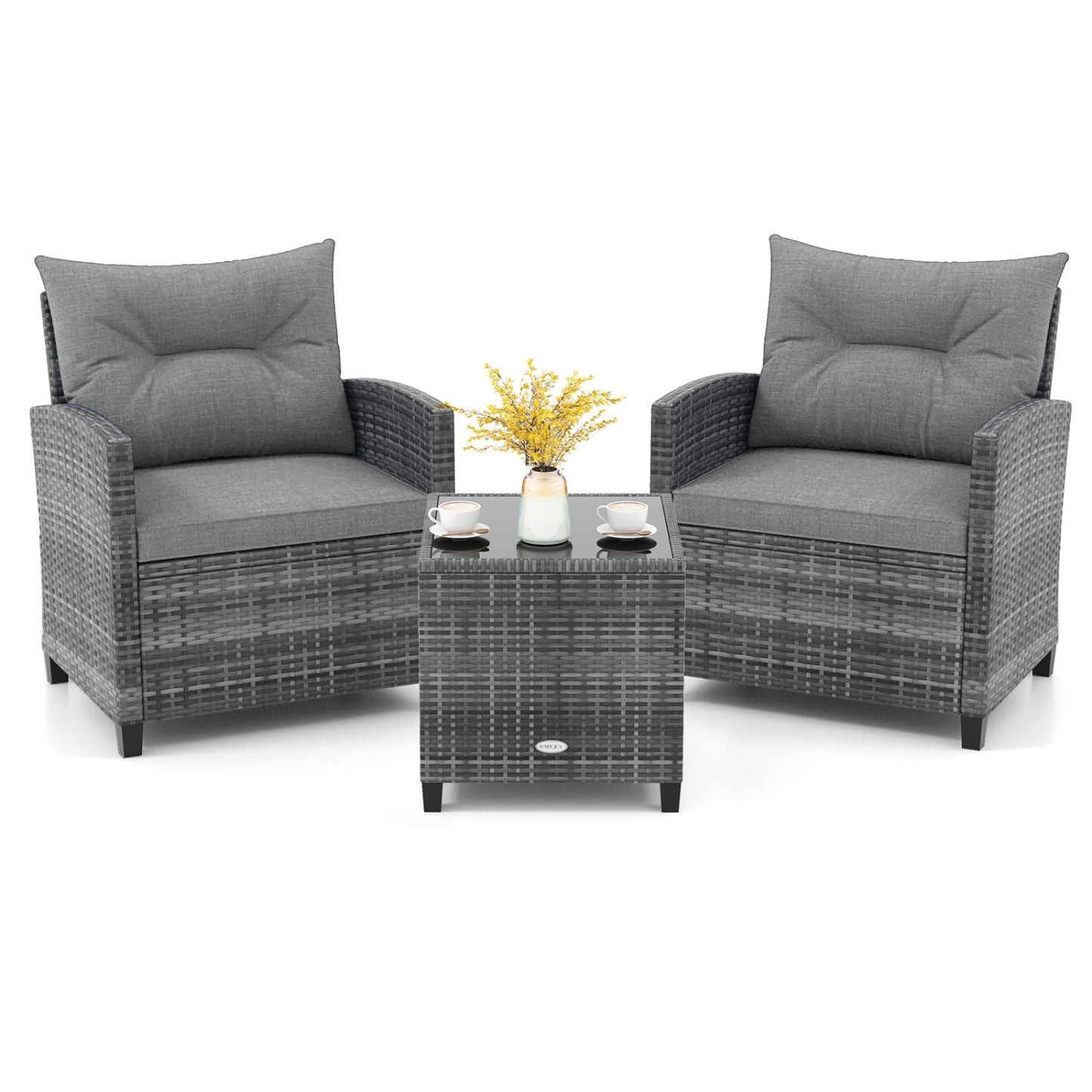 3 Pieces Outdoor Wicker Conversation Set with Tempered Glass Tabletop