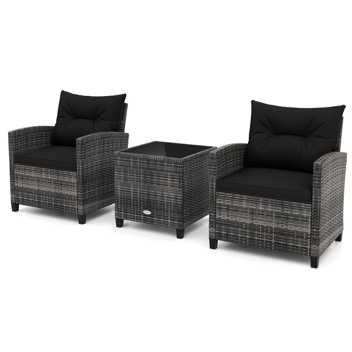 3 Pieces Outdoor Wicker Conversation Set with Tempered Glass Tabletop