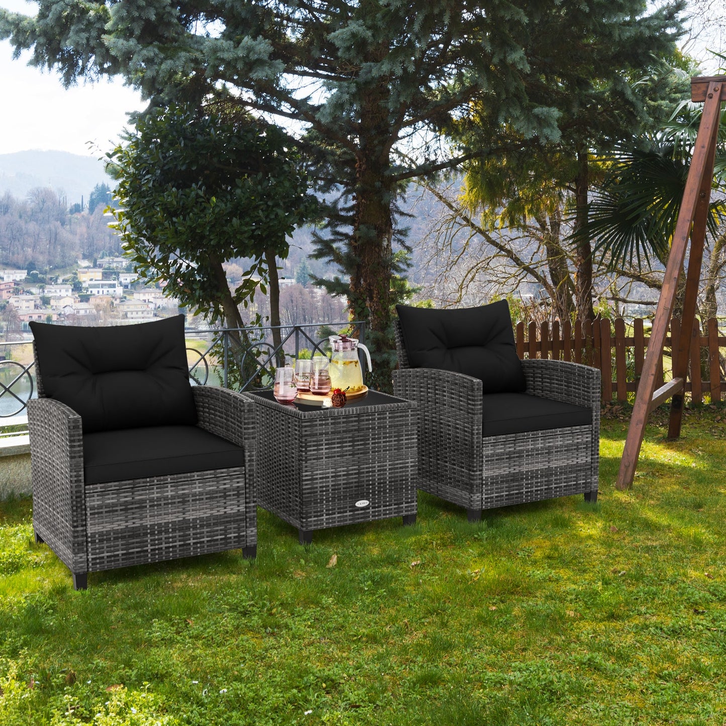 3 Pieces Outdoor Wicker Conversation Set with Tempered Glass Tabletop