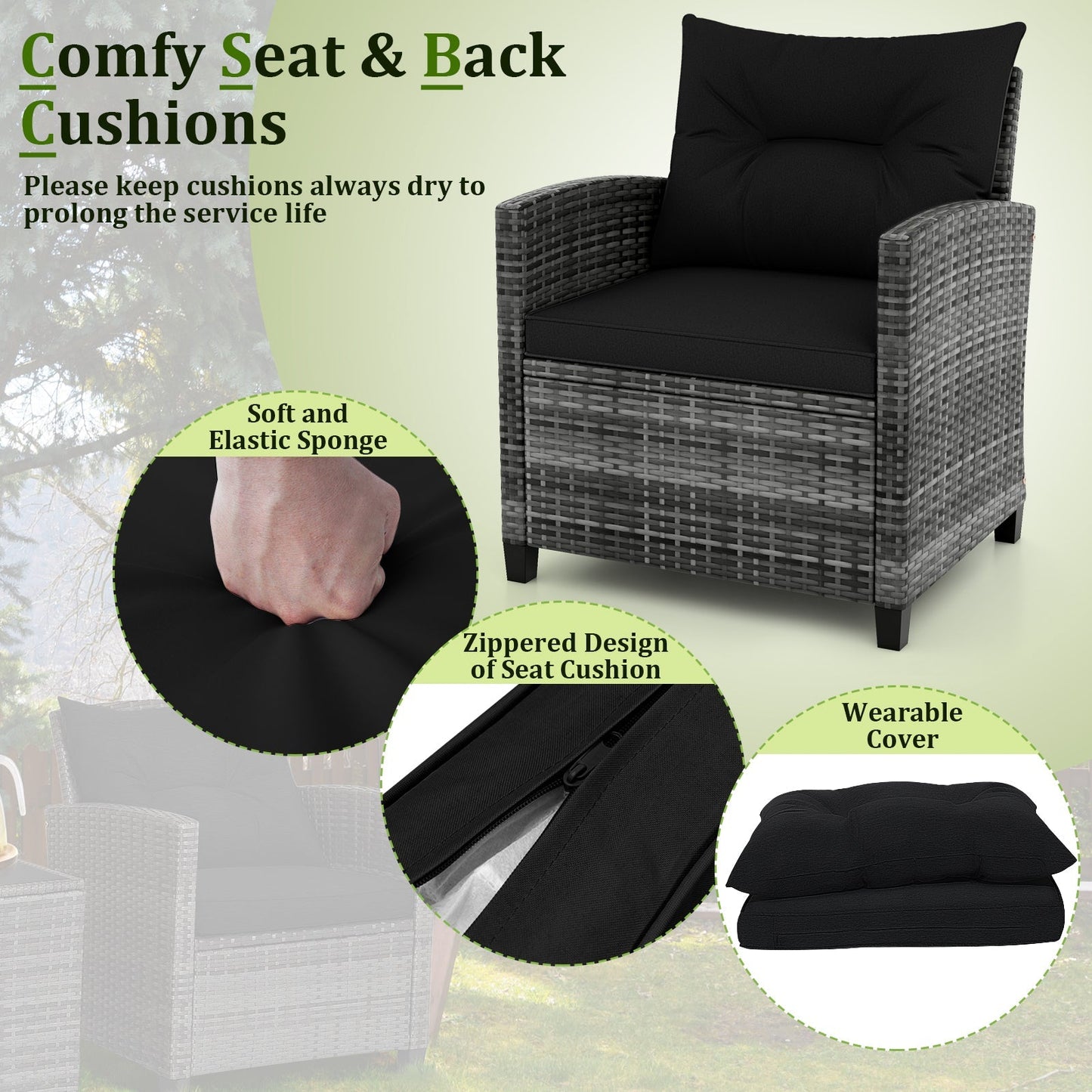 3 Pieces Outdoor Wicker Conversation Set with Tempered Glass Tabletop