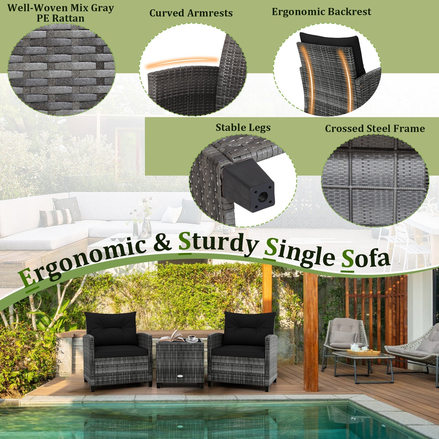 3 Pieces Outdoor Wicker Conversation Set with Tempered Glass Tabletop