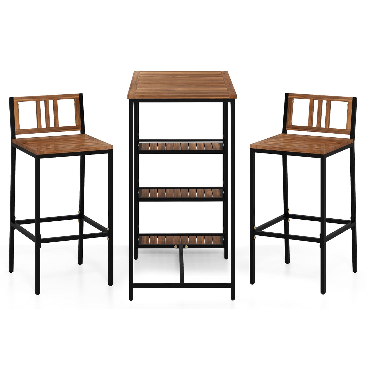 3 Pieces Outdoor Wood Bar Set with 3-Tier Storage Shelf and Metal Frame
