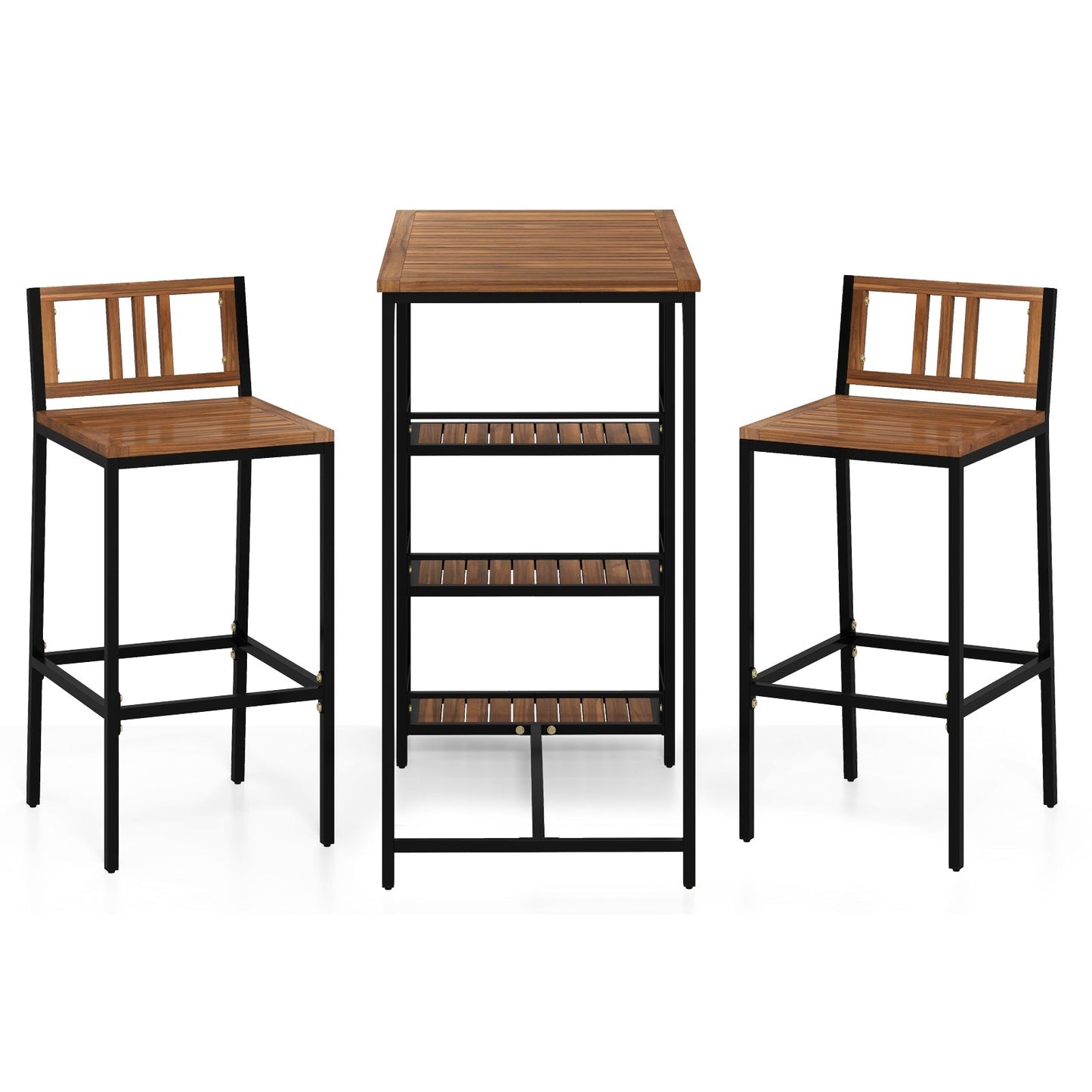 3 Pieces Outdoor Wood Bar Set with 3-Tier Storage Shelf and Metal Frame