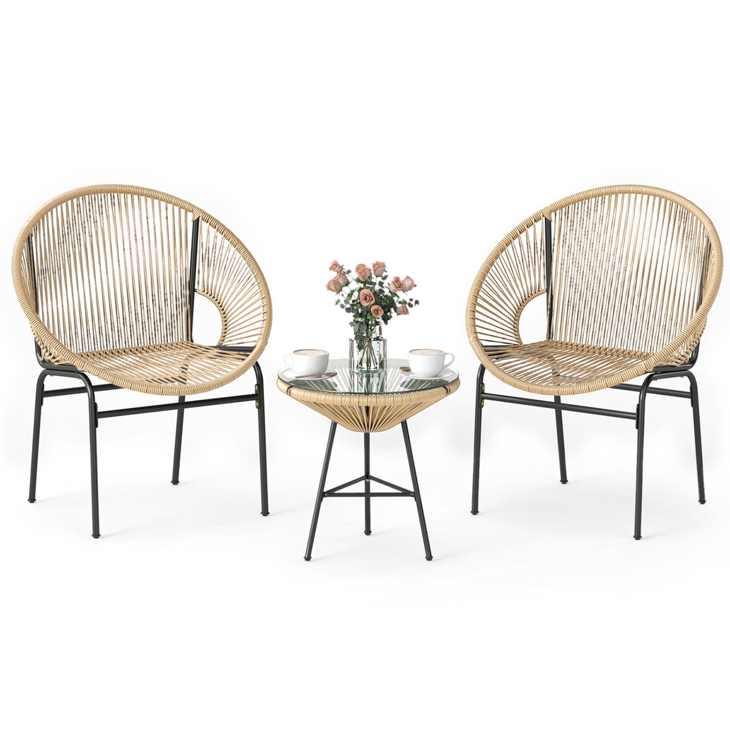 3PCS Patio Acapulco Furniture Bistro Set with GlassTable-Black