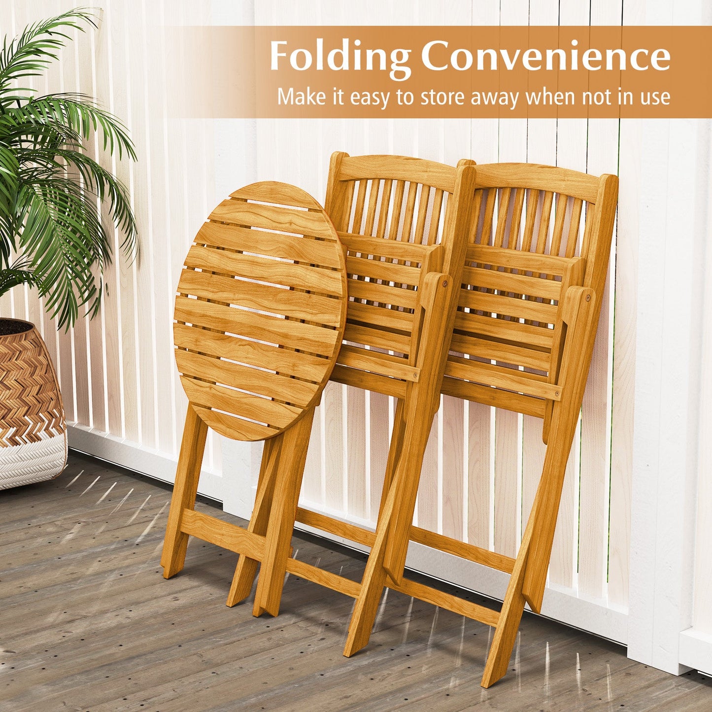 3 Pieces Acacia Wood Patio Folding Bistro Set with Soft Cushions