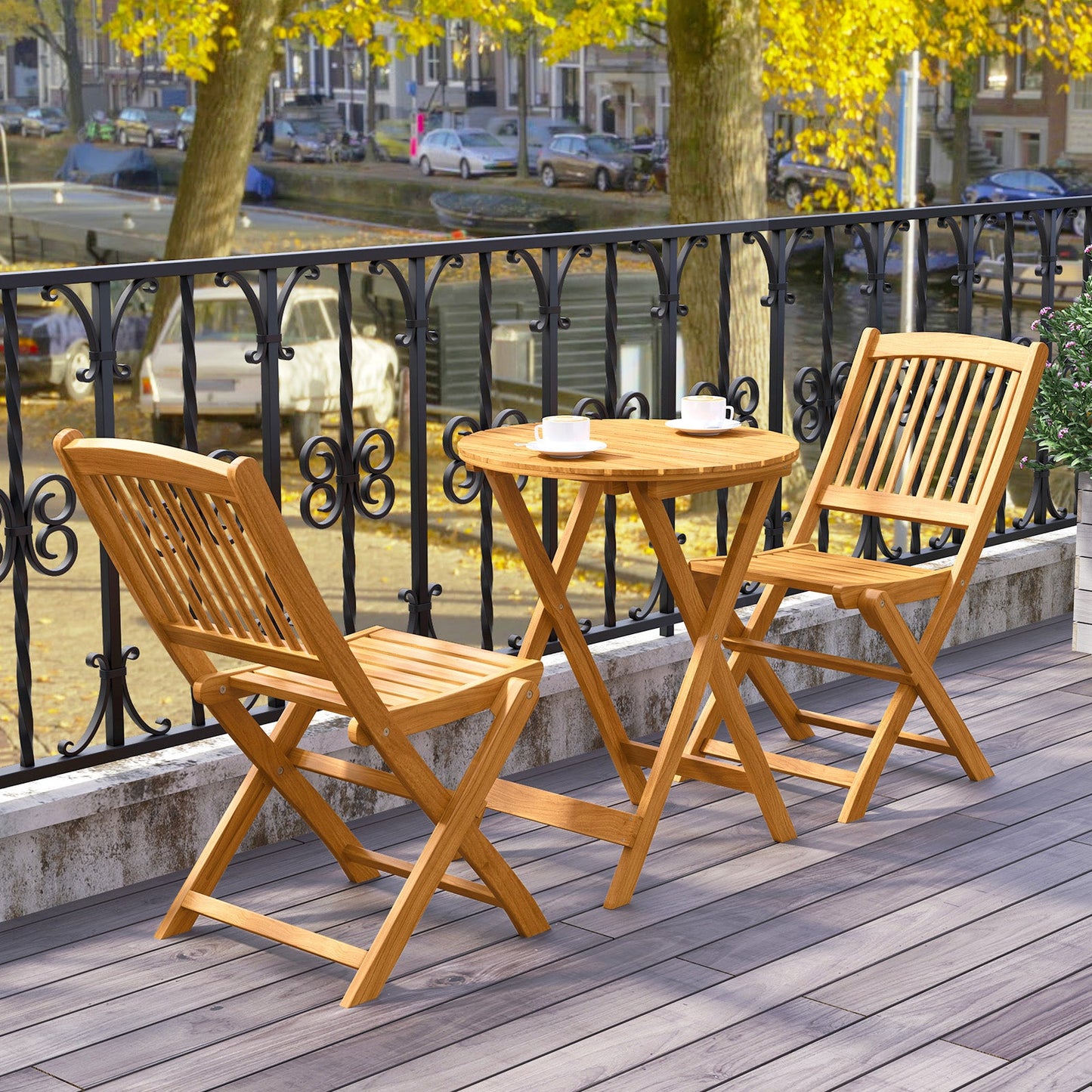 3 Pieces Acacia Wood Patio Folding Bistro Set with Soft Cushions