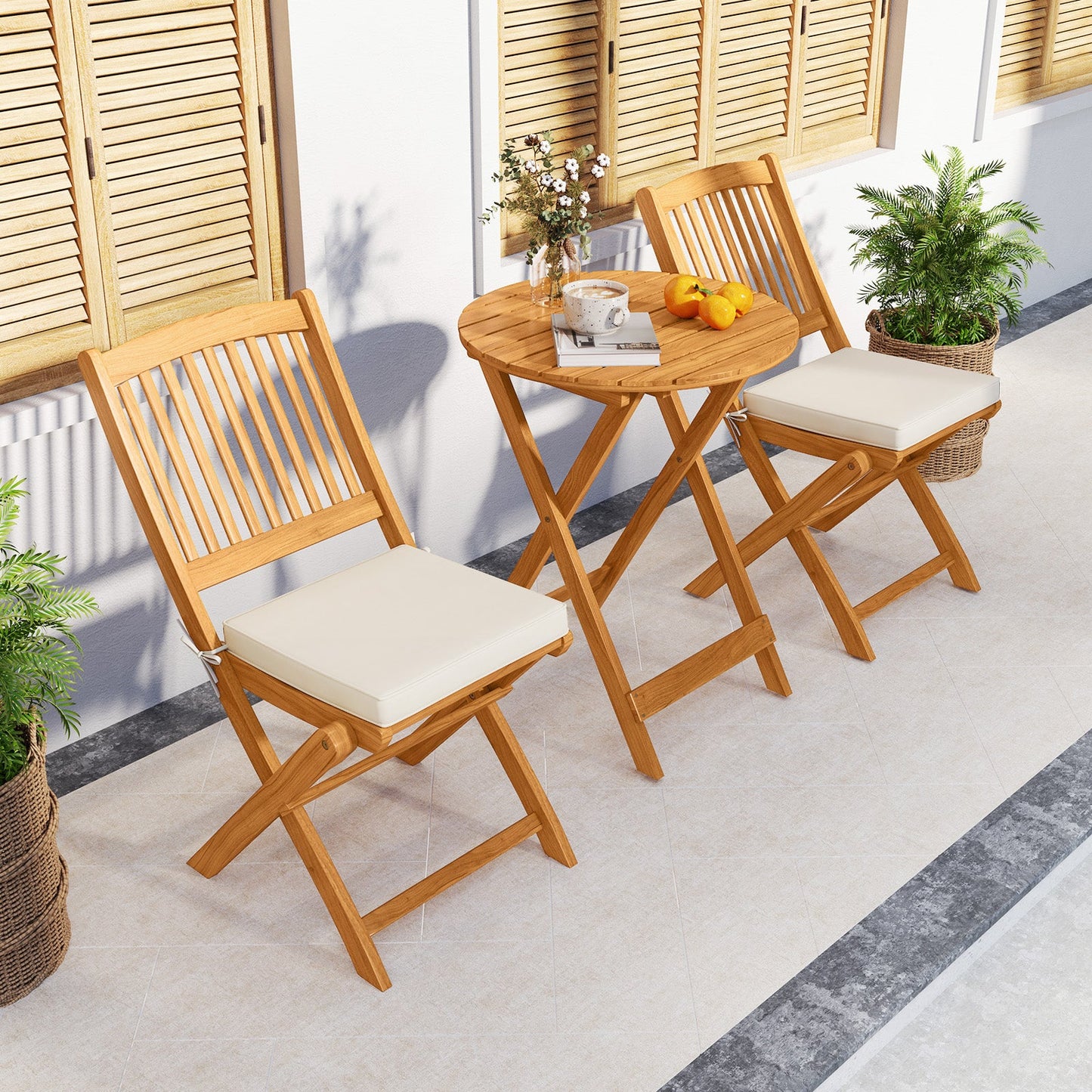 3 Pieces Acacia Wood Patio Folding Bistro Set with Soft Cushions