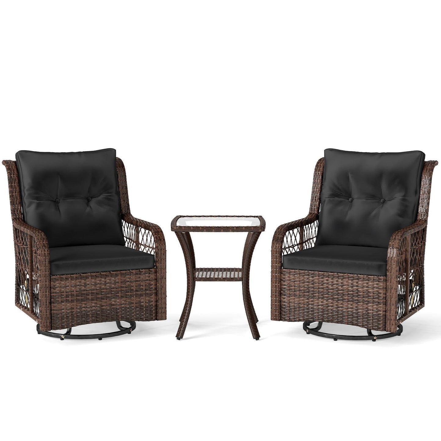 3 Pieces Patio Furniture Set PE Wicker Swivel Glider Chairs with 2-Tier Side Table and Cushions