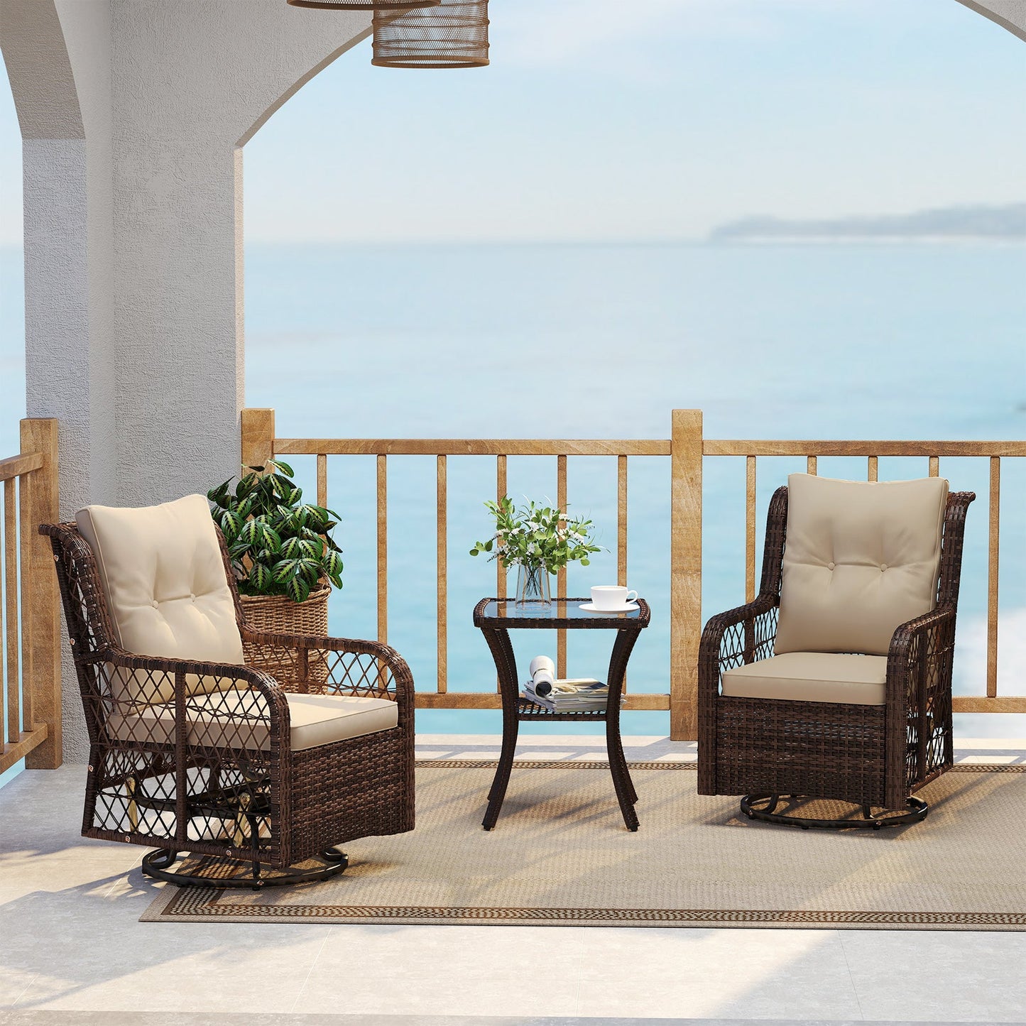3 Pieces Patio Furniture Set PE Wicker Swivel Glider Chairs with 2-Tier Side Table and Cushions