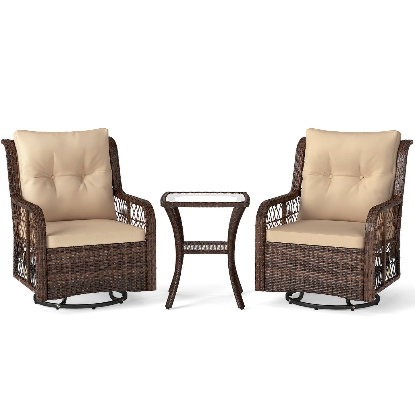 3 Pieces Patio Furniture Set PE Wicker Swivel Glider Chairs with 2-Tier Side Table and Cushions