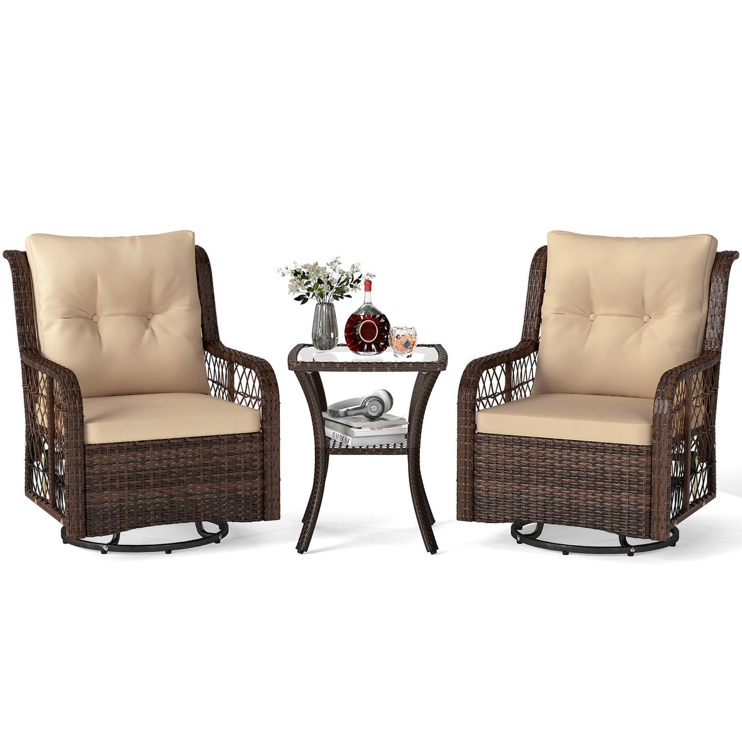 3 Pieces Patio Furniture Set PE Wicker Swivel Glider Chairs with 2-Tier Side Table and Cushions