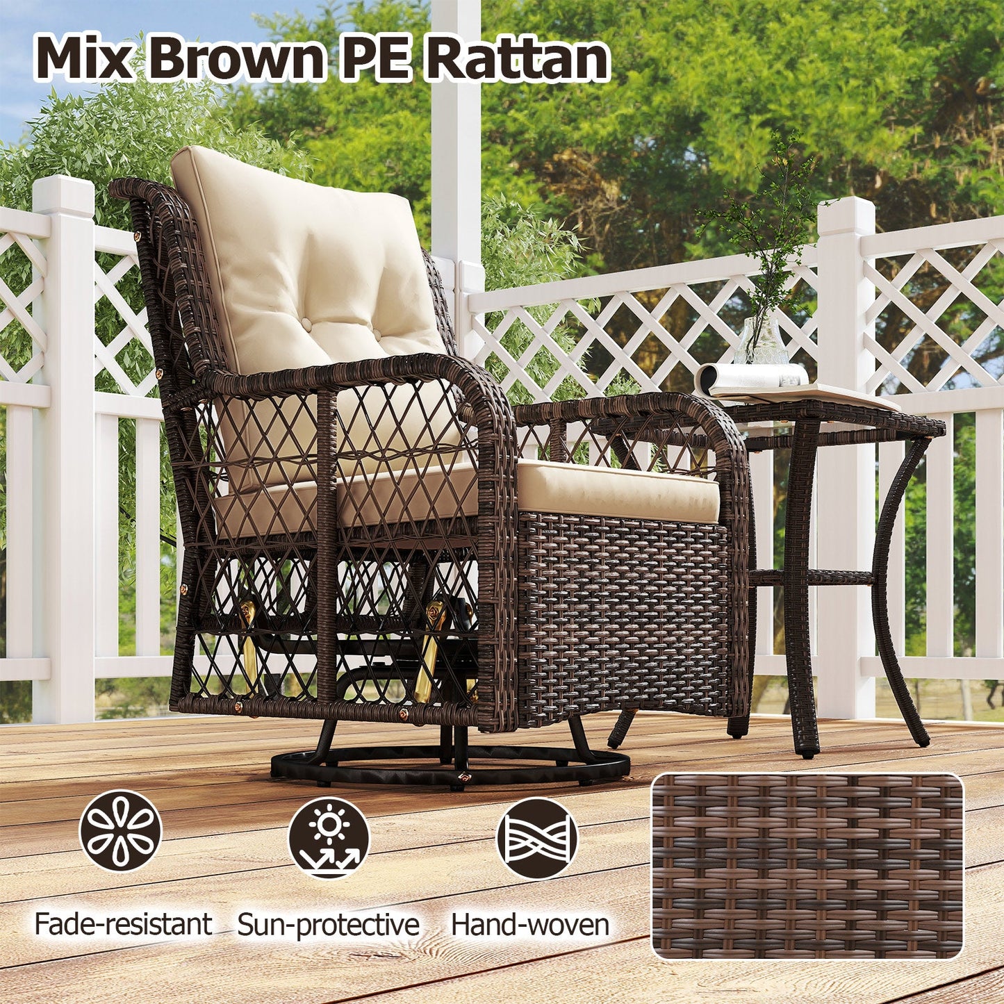 3 Pieces Patio Furniture Set PE Wicker Swivel Glider Chairs with 2-Tier Side Table and Cushions