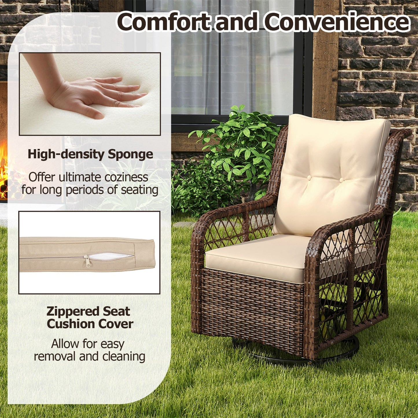 3 Pieces Patio Furniture Set PE Wicker Swivel Glider Chairs with 2-Tier Side Table and Cushions