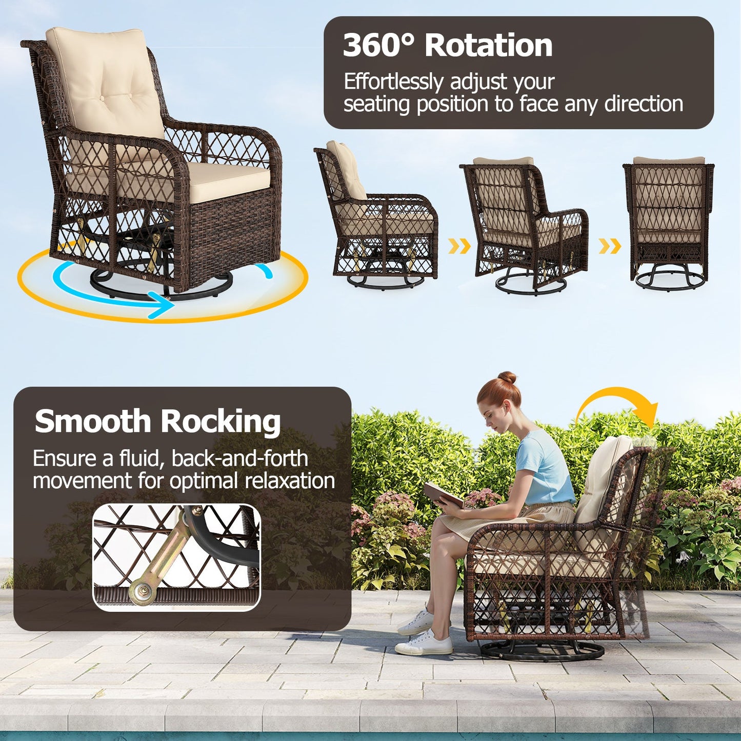 3 Pieces Patio Furniture Set PE Wicker Swivel Glider Chairs with 2-Tier Side Table and Cushions